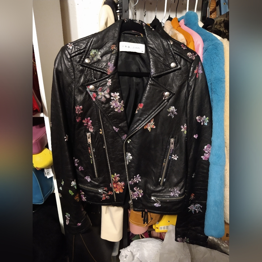 IRO Black Leather Floral Print Moto Jacket